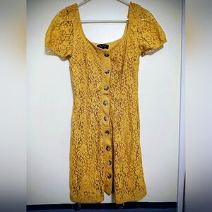 Trixxi Yellow Lace Button-Down Midi Dress